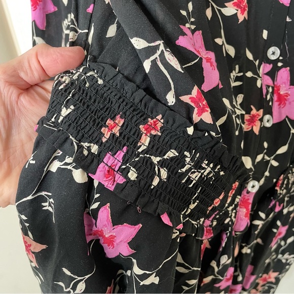 Free People Lighten Up Black Floral Button Down Tie Waist Mini Dress Size Small - Picture 5 of 9